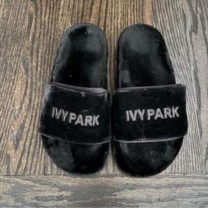IVY PARK Black Velvet Slide Sandals with Embroidered Logo